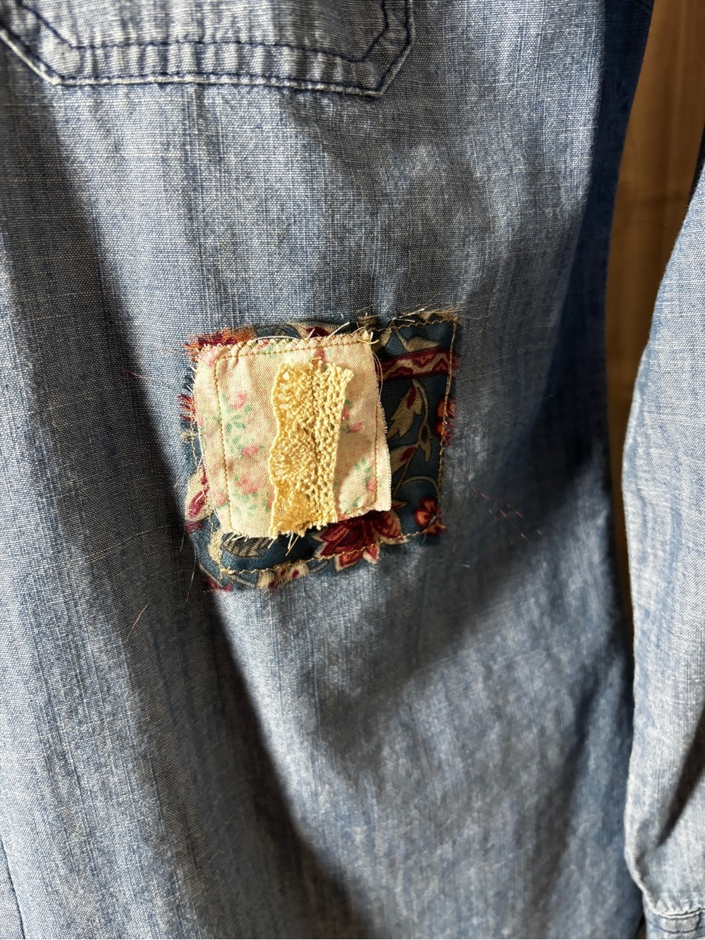 Upcycled Old Navy Button-Up Shirt  Boho Cottagecore Patchwork Lace - Picture 4 of 12